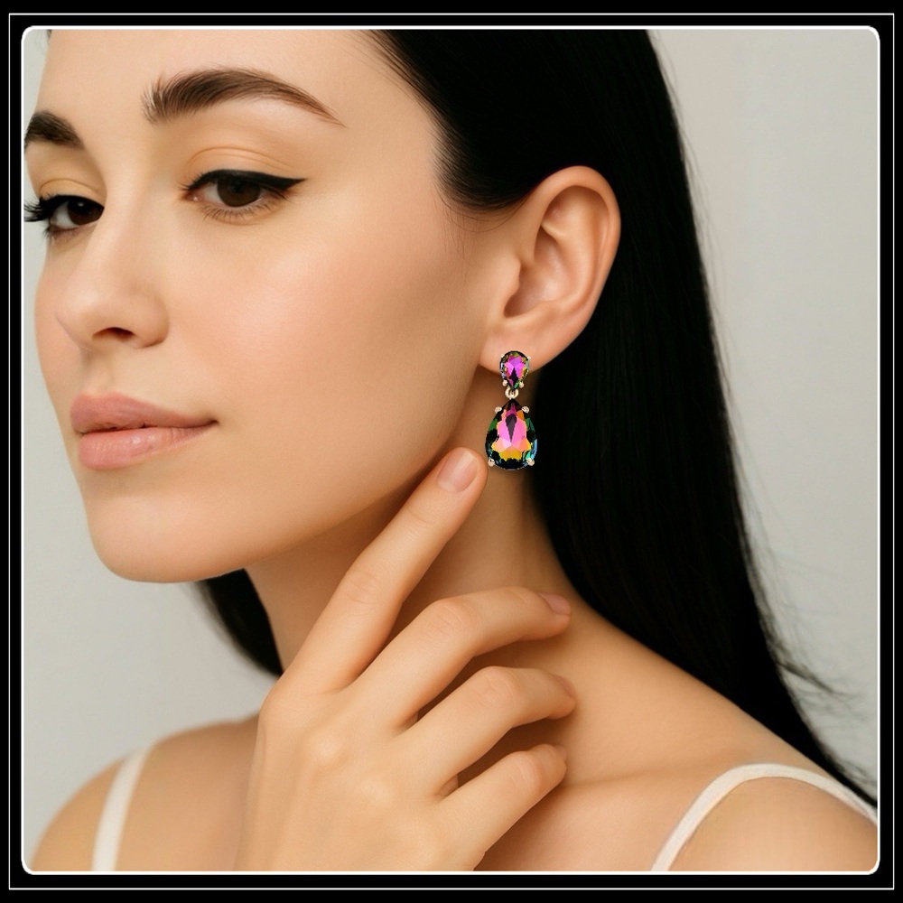 GOLD COLORFUL IRIDESCENT PRISM STATEMENT CHUNKY EARRINGS - Picture 2 of 4